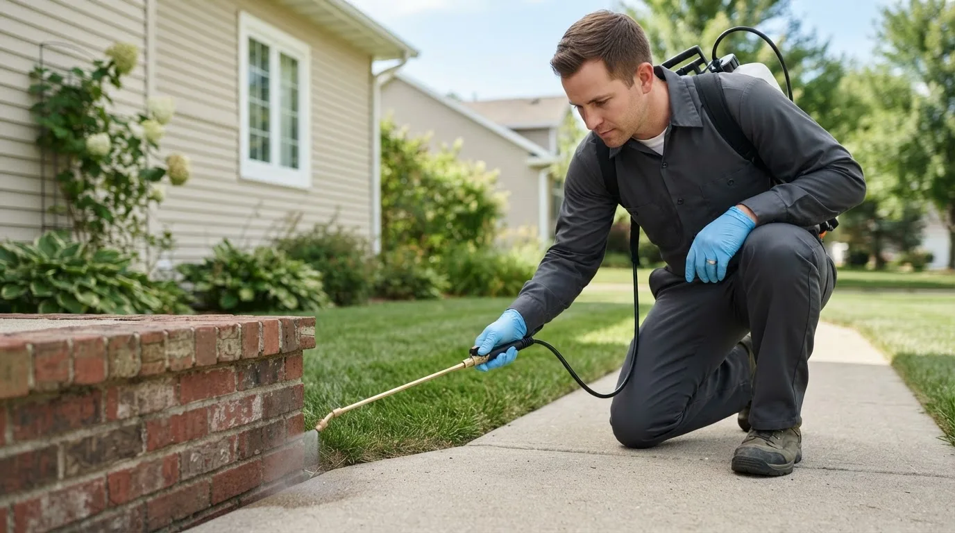 Pest control technician treating a home near Santo Domingo Pueblo, NM